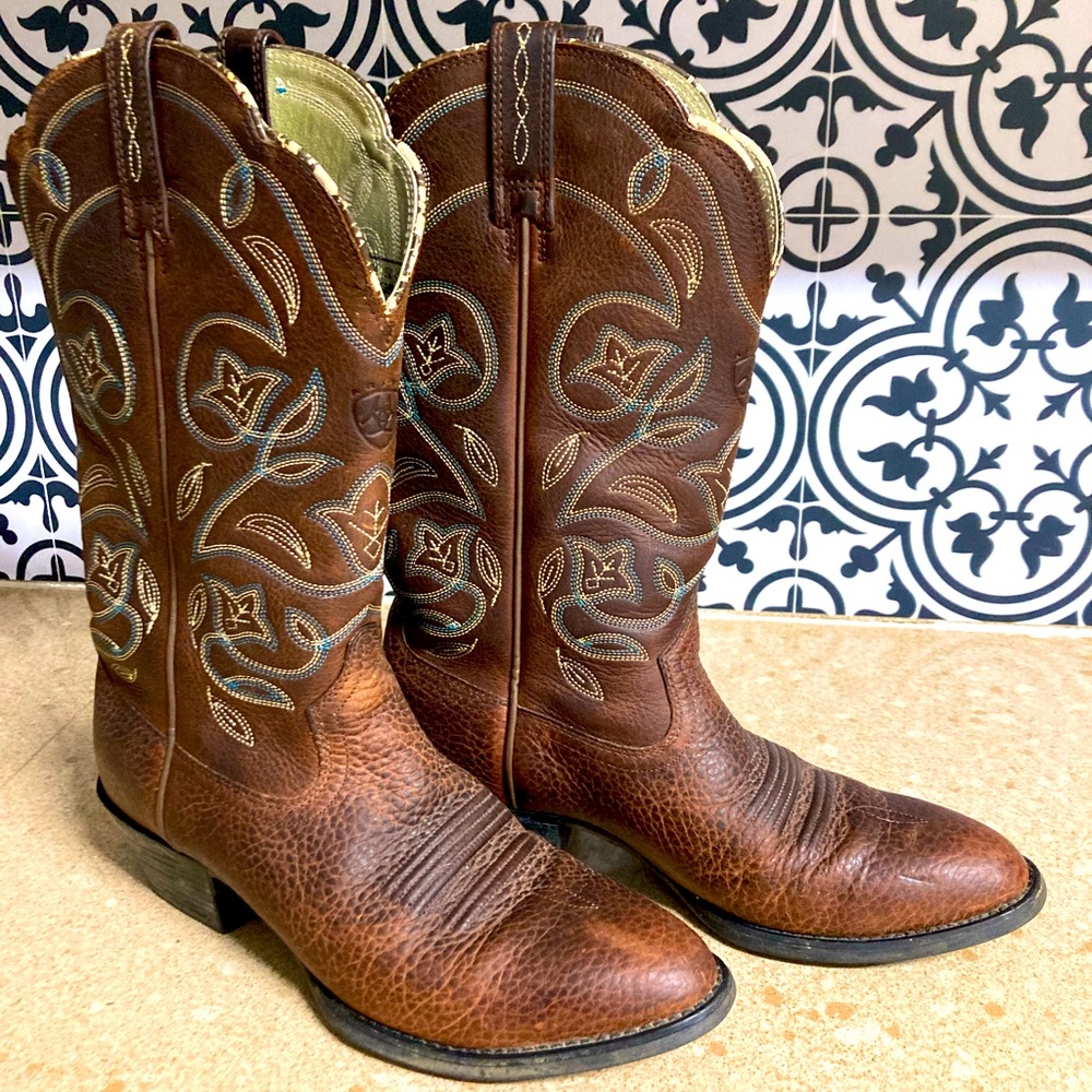 Ariat Brown Leather Western Boots with Turquoise Stitching